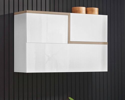 Dmora Pensile da parete, Made in Italy, a 3 ante, Mobile da soggiorno sospeso, cm 100x30h63, Bianco lucido e Acero