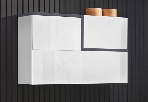 Dmora Pensile da parete, Made in Italy, a 3 ante, Mobile da soggiorno sospeso, cm 100x30h63, Bianco lucido e Grigio Ardesia
