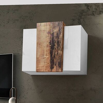 Dmora Pensile da parete, Made in Italy, Mobile da soggiorno sospeso a 3 ante, cm 90x38h66, Bianco lucido e Acero