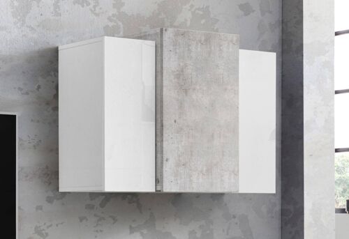 Dmora Pensile da parete, Made in Italy, Mobile da soggiorno sospeso a 3 ante, cm 90x38h66, Bianco lucido e Cemento