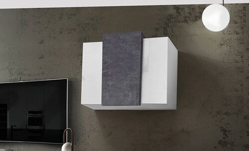 Dmora Pensile da parete, Made in Italy, Mobile da soggiorno sospeso a 3 ante, cm 90x38h66, Bianco lucido e Grigio Cenere