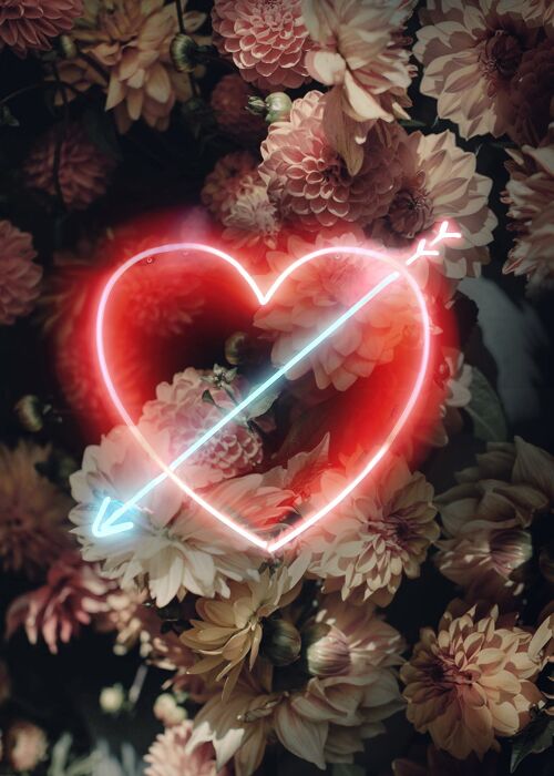 Flowers Heart Arrow Neon Print - 50x70 - Matte