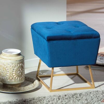 Dmora Pouf contenitore quadrato, in velluto blu e struttura in metallo verniciato oro, cm 41x41x38