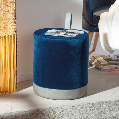 Dmora Pouf in velluto blu e grigio con maniglia in ecopelle, cm 38x32.5x43