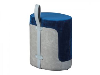 Pouf Dmora en velours bleu et gris avec poignée en éco-cuir, cm 38x32,5x43 3