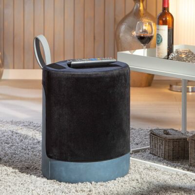 Dmora Pouf in velluto nero e azzurro con maniglia in ecopelle, cm 38x32.5x43