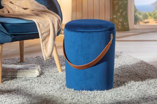 Dmora Pouf secchiello contenitore in velluto e maniglia in ecopelle, colore blu, cm 35x35x45