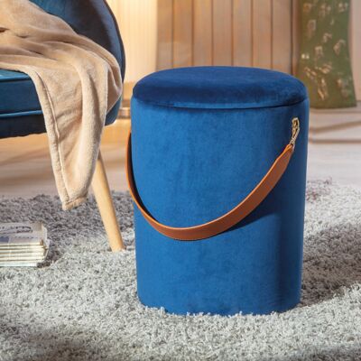 Dmora Pouf secchiello contenitore in velluto e maniglia in ecopelle, colore blu, cm 35x35x45