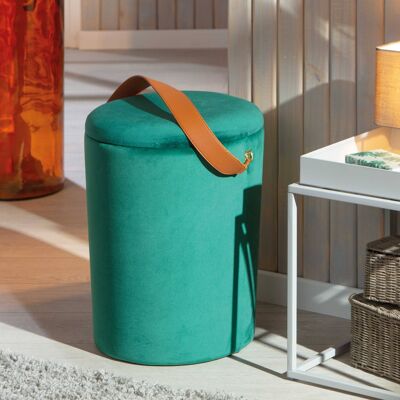 Dmora Pouf secchiello contenitore in velluto e maniglia in ecopelle, colore verde, cm 35x35x45