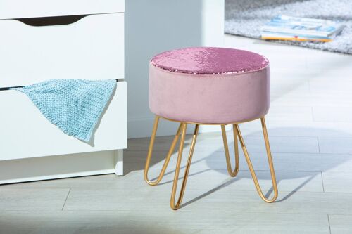 Dmora Pouf velluto rosa con pailettes, gambe in metallo color oro, cm 32.50x32.50x38