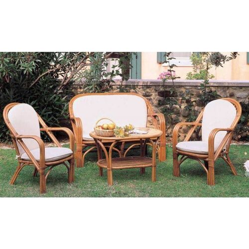 Dmora Salottino 4 pezzi in rattan Made in Italy, con 1 divano a due posti + 2 poltrone + 1 tavolino, cuscini inclusi, colore miele