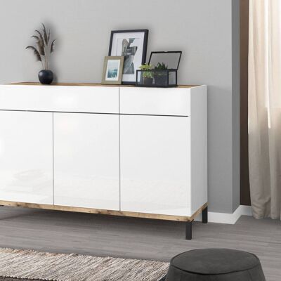 Dmora Scarpiera moderna a 3 ante e 2 cassetti, Made in Italy, Portascarpe da ingresso, Mobile multiuso, Cm 120x40h80, Bianco lucido e Acero