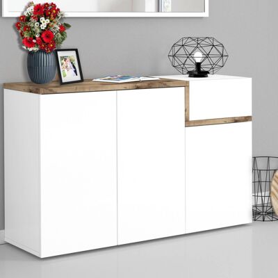 Dmora Scarpiera moderna, Made in Italy, 3 ante e 1 anta a ribalta, Mobile Portascarpe da ingresso, cm 120x40h80, Bianco lucido e Acero