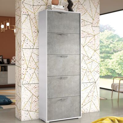 Dmora Scarpiera Surfinia, Mobile multiuso da ingresso con 5 ante a ribalta, Armadietto portascarpe a doppia profondità, Made in Italy, Cm 67x28h183, Bianco e Cemento