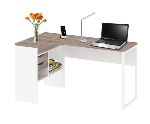 Dmora Scrivania ad angolo con due cassetti, colore bianco e quercia, cm 145 x 76 x 81