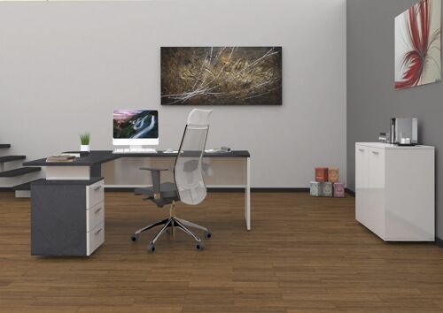 Dmora Scrivania ad angolo, Made in Italy, Tavolo da computer minimal, Scrittoio porta PC, cm 160x60h75, Grigio Cenere e Bianco lucido