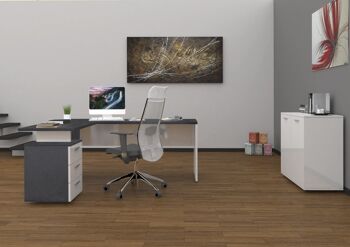 Bureau d'angle Dmora, Made in Italy, Table d'ordinateur minimaliste, bureau PC, 160x60h75 cm, Gris cendré et Blanc brillant 1