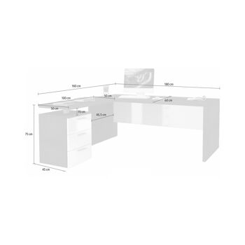 Bureau d'angle Dmora, Made in Italy, Table d'ordinateur minimaliste, bureau PC, 160x60h75 cm, Gris cendré et Blanc brillant 4