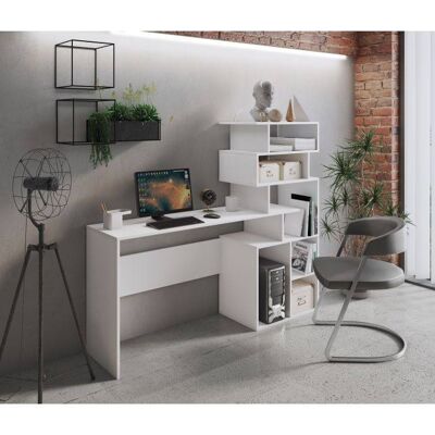 Dmora Scrivania Arrecife, Scrittoio moderno con libreria con vani a giorno, Tavolo da studio o ufficio porta PC portalibri, Cm 160x40h135, Bianco