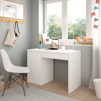 Dmora Austin Desk, Bureau réversible avec 1 tiroir et 1 porte, Table d'étude ou de bureau pour support PC, cm 109x50h74, Blanc 1