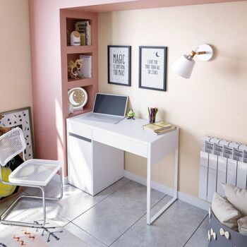 Dmora Charlotte Desk, Bureau réversible avec 2 tiroirs et 1 porte, Table d'étude ou de bureau pour PC, cm 108x50h75, Blanc 1