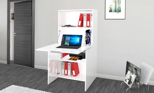 Dmora Scrivania con piano nascosto, Made in Italy, Mobile con scaffali e piano da lavoro, Armadio salvaspazio, cm 70x35h140, colore Bianco lucido