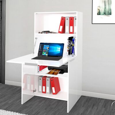 Dmora Scrivania con piano nascosto, Made in Italy, Mobile con scaffali e piano da lavoro, Armadio salvaspazio, cm 70x35h140, colore Bianco lucido