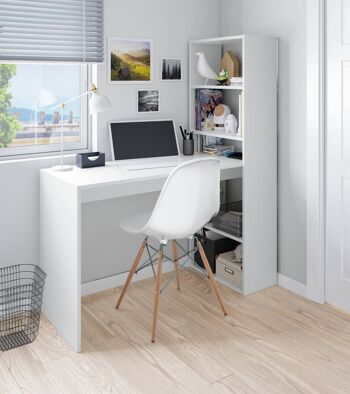 Dmora Denton Desk, Bureau réversible avec bibliothèque à 5 étagères, Table d'étude ou de bureau pour porte-livre PC, 120x53h144 cm, Blanc 1