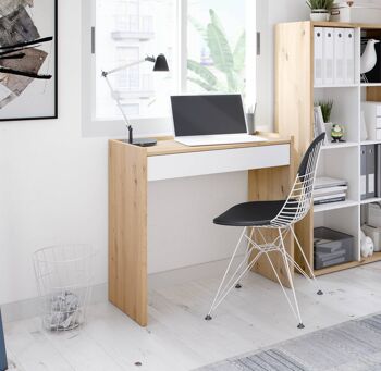 Dmora Fresno Desk, Bureau linéaire avec tiroir, Table d'étude ou de bureau pour PC, 82x40h77 cm, chêne noué et blanc 1