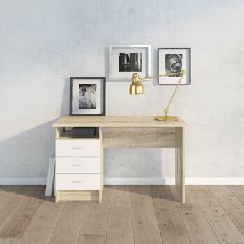 Bureau linéaire Dmora avec trois tiroirs, couleur chêne blanc, Mesures 120 x 72 x 48 cm 1