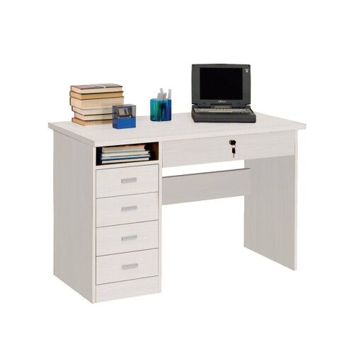 Dmora Scrivania lineare per ufficio e studio con 5 cassetti, Tavolo da computer minimal, Scrittoio per lavoro, cm 117x52h73, colore Bianco