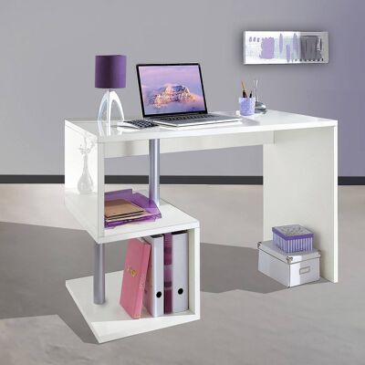 Dmora Scrivania moderna ad Esse per ufficio e studio con scaffale, Made in Italy, Tavolo da computer, Scrittoio porta PC, cm 100x50h78, Bianco lucido