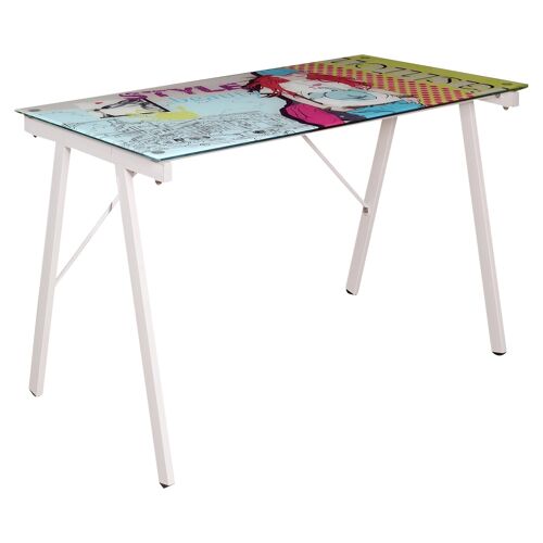 Dmora Scrivania per ufficio, Piano per disegnatore in vetro temperato e fantasia cartoon, Tavolo per studio, Made in Italy, cm113x58xh75, colore Bianco