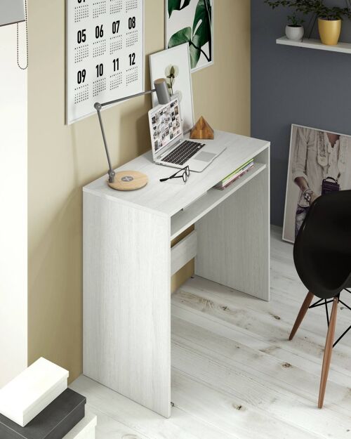 Dmora Scrivania Portland, Scrittoio lineare con ripiano fisso, Tavolo da studio o ufficio porta PC, cm 79x43h87, Bianco effetto legno