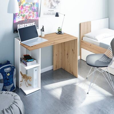 Dmora Scrivania Tucson, Scrittoio reversibile multiposizione, Tavolo da studio o ufficio porta PC con scaffale e ripiani, cm 99x50h77, Bianco e Rovere nodi