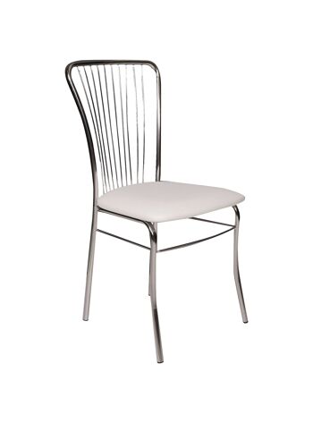 Chaise Dmora Castellod, Chaise moderne avec assise en éco-cuir, structure en métal chromé, Idéal pour salle à manger, cuisine ou salon, Cm 54x45h95, Blanc 2