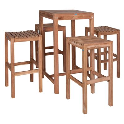 Dmora Set bistrò con 4 sgabelli ed un tavolino in legno teak, colore marrone, tavolo: cm 60 x 60 x h105, sgabello: cm 40 x 40 x h77