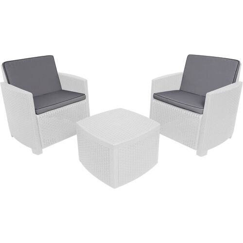 Dmora Set da giardino outdoor con cuscini, Salottino da esterno effetto rattan con 2 poltrone e 1 tavolino, 100% Made in Italy, cm 73x67h77, Bianco