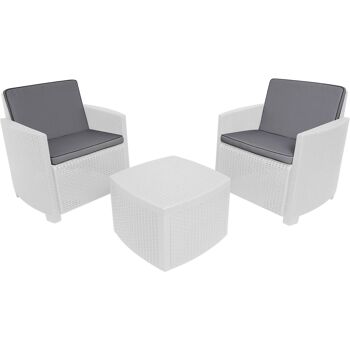 Dmora Ensemble de jardin extérieur avec coussins, Salon extérieur effet rotin avec 2 fauteuils et 1 table basse, 100% Made in Italy, cm 73x67h77, Blanc 1