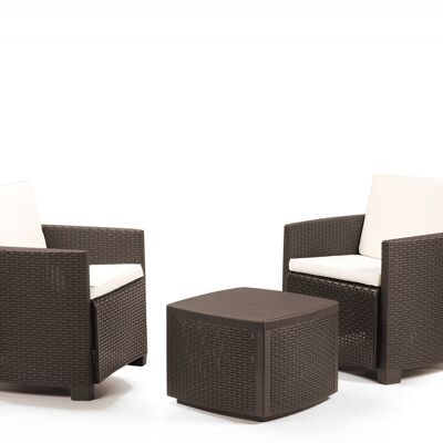 Dmora Set da giardino outdoor con cuscini, Salottino da esterno effetto rattan con 2 poltrone e 1 tavolino, 100% Made in Italy, cm 73x67h77, Marrone