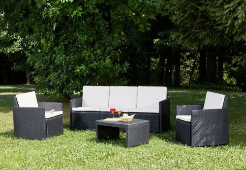 Dmora Set da giardino outdoor, Salottino da esterno con 2 poltrone, 1 divano e 1 tavolino, con cuscini, 100% Made in Italy, cm 184x67h77, Antracite