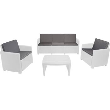 Dmora Ensemble de jardin extérieur, Salon d'extérieur avec 2 fauteuils, 1 canapé et 1 table basse, avec coussins, 100% Made in Italy, cm 184x67h77, Blanc