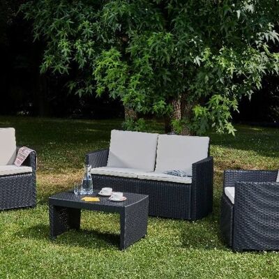 Dmora Set da giardino outdoor, Salottino da esterno con 2 poltrone, 1 divano, 1 tavolino e cuscini, 100% Made in Italy, cm 128x67h77 Antracite