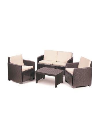 Dmora Ensemble de jardin extérieur, Salon d'extérieur avec 2 fauteuils, 1 canapé, 1 table basse et coussins, 100% Made in Italy, cm 128x67h77, Marron 2