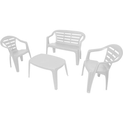 Dmora Set da giardino outdoor, Salottino da esterno con 2 poltrone, 1 panchina e 1 tavolino, 100% Made in Italy, cm 114x55h82, Bianco