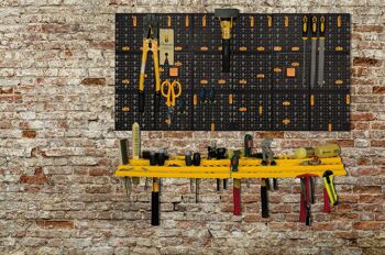Dmora Ensemble de 2 panneaux et 2 étagères à outils avec 50 crochets, Organisateur de rangement mural, 100% Made in Italy, cm 100x22h50, couleur Noir 1