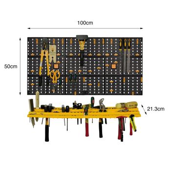 Dmora Ensemble de 2 panneaux et 2 étagères à outils avec 50 crochets, Organisateur de rangement mural, 100% Made in Italy, cm 100x22h50, couleur Noir 3