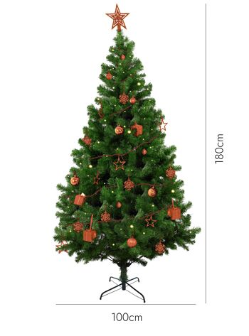 Set de Noël Dmora, Sapin de Noël avec ornements, extra épais, Effet réel, Assortiment de décorations de Noël 50 pièces, Lumières blanc chaud 8,95M, sapin h180cm, couleur rouge 5