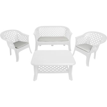 Dmora Ensemble de salon d'extérieur Brescia, Ensemble de jardin avec 2 chaises, 1 banc et 1 table, Ensemble de salon intérieur effet rotin, 100% Made in Italy, Cm 134x72h76, Blanc