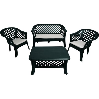 Dmora Set salotto da esterno Brescia, Set da giardino con 2 sedie, 1 panchina e 1 tavolino, Salottino indoor effetto rattan, 100% Made in Italy, Cm 134x72h76, Verde